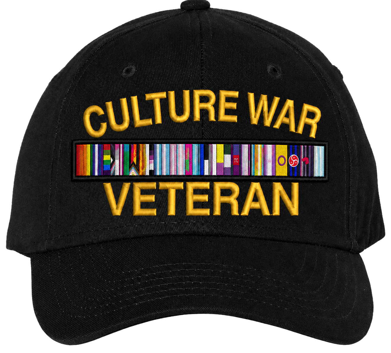 CULTURE WAR VETERAN — black dad cap with gold embroidery and a service-ribbon bar made of culture-war flags